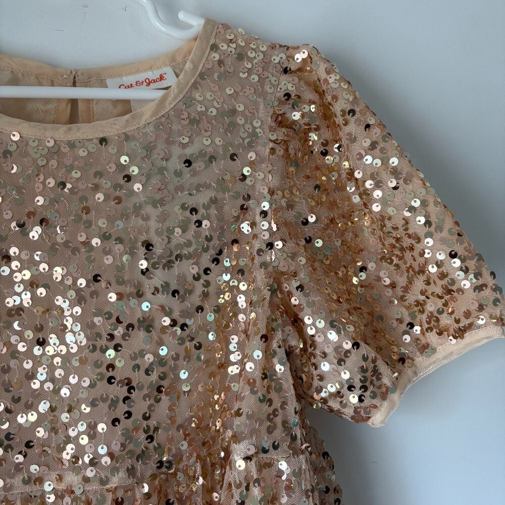 NWT Cat & Jack Girls Short Sleeve Gold Sequin Dress M (7/8)